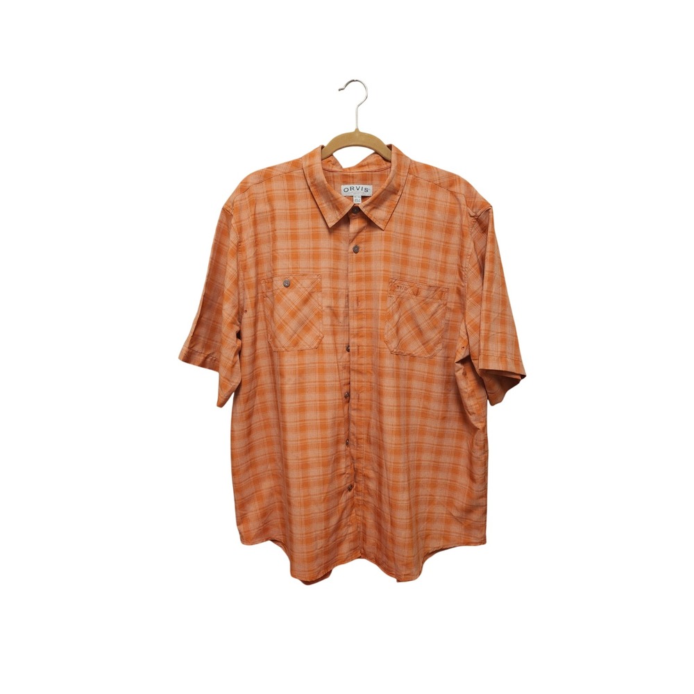 Orvis Mens XXL Orange Plaid Short Sleeve Button Down Shirt Classic Collection